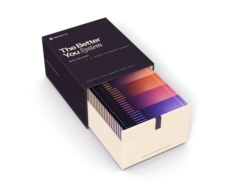 The Better You System, pictured as a drawer box: an ink box printed The Better You System and PDFs you keep, its cream drawer pulled out, the 29 guides standing inside in stage order, Foundation at the front