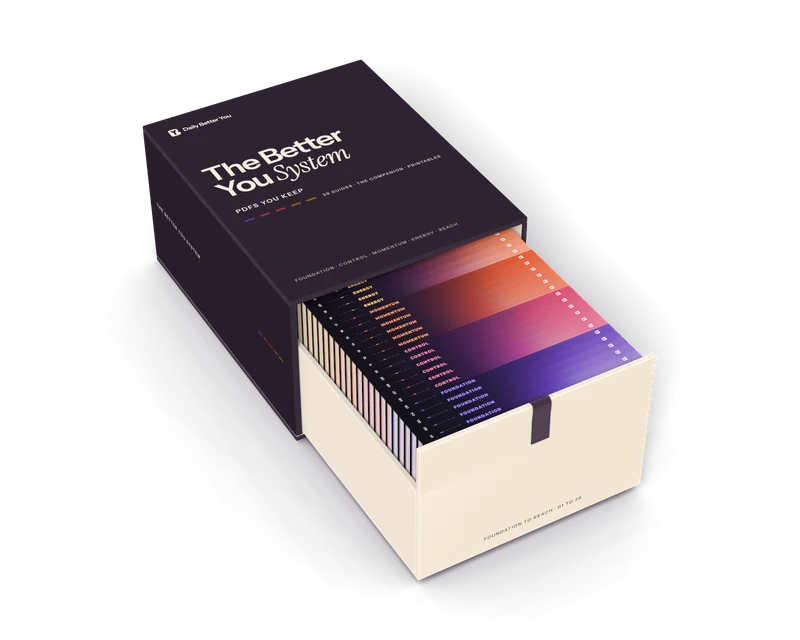 The Better You System, pictured as a drawer box: an ink box printed The Better You System and PDFs you keep, its cream drawer pulled out, the 29 guides standing inside in stage order, Foundation at the front